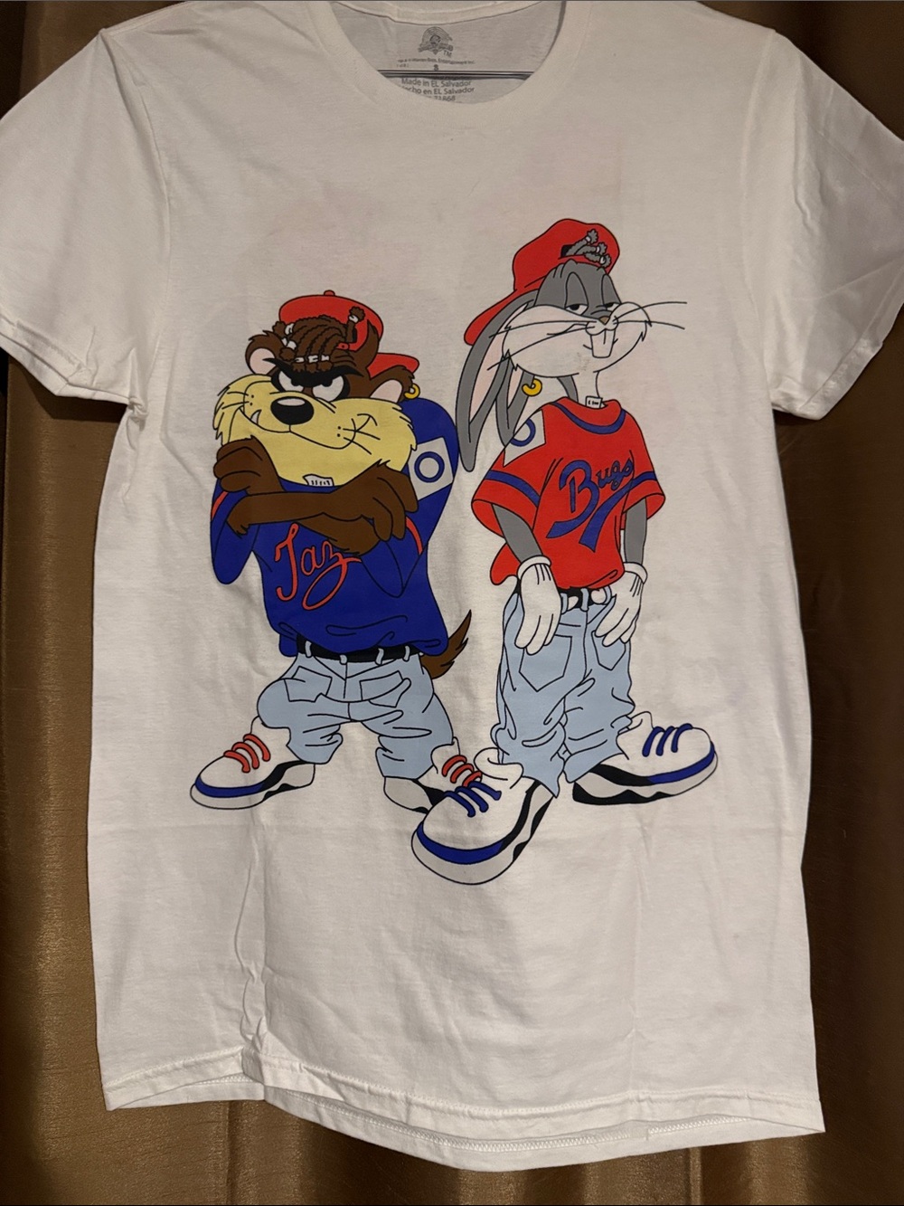 Warner Bros. White Tee with Bugs Bunny & Taz Red and Blue Streetwear Graphic